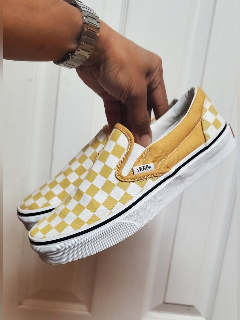 Vans Slip-On Sneakers in Mustard Yellow and White Checkerboard